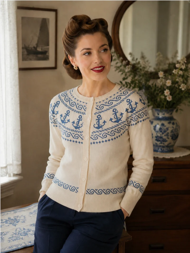 Cardigan mit Anker-Motiv, Creme-Blau