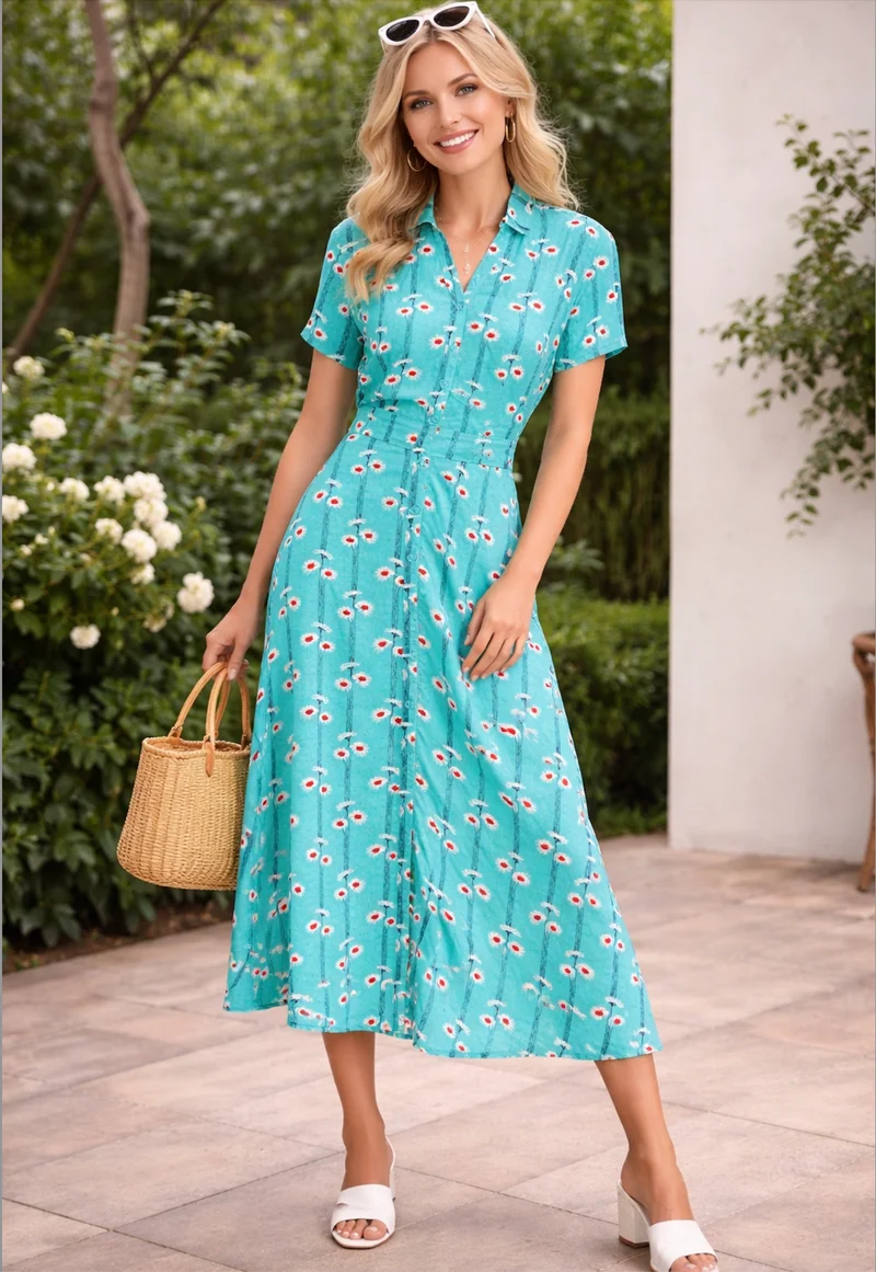 Swingkleid Jonie Gerbera mit Gerberablühten, Blau