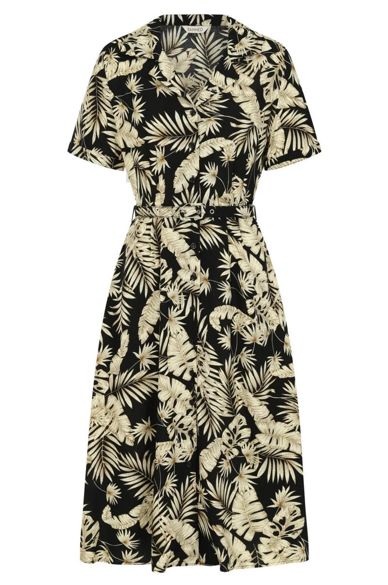 Swingkleid Yvette 40's mit Palmenblättermotiv, Creme-Schwarz, Plus Size
