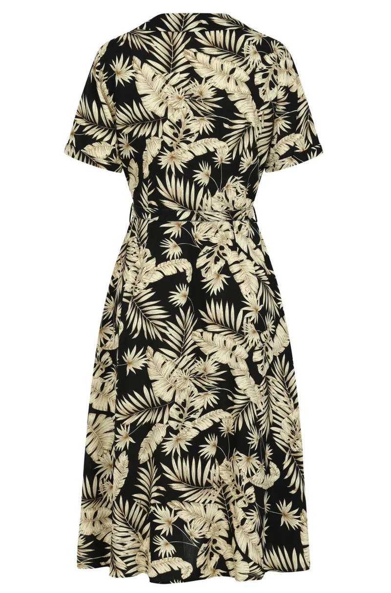 Swingkleid Yvette 40's mit Palmenblättermotiv, Creme-Schwarz, Plus Size