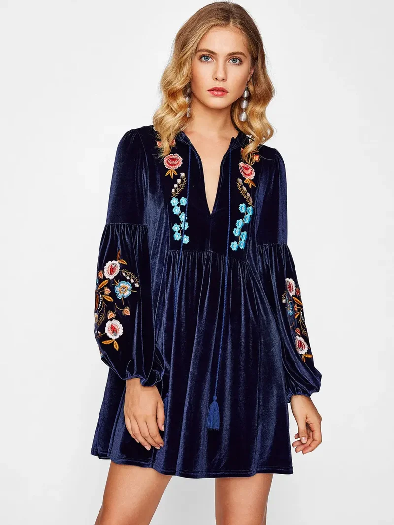 Embroidered Velvet Poof Sleeve Dress