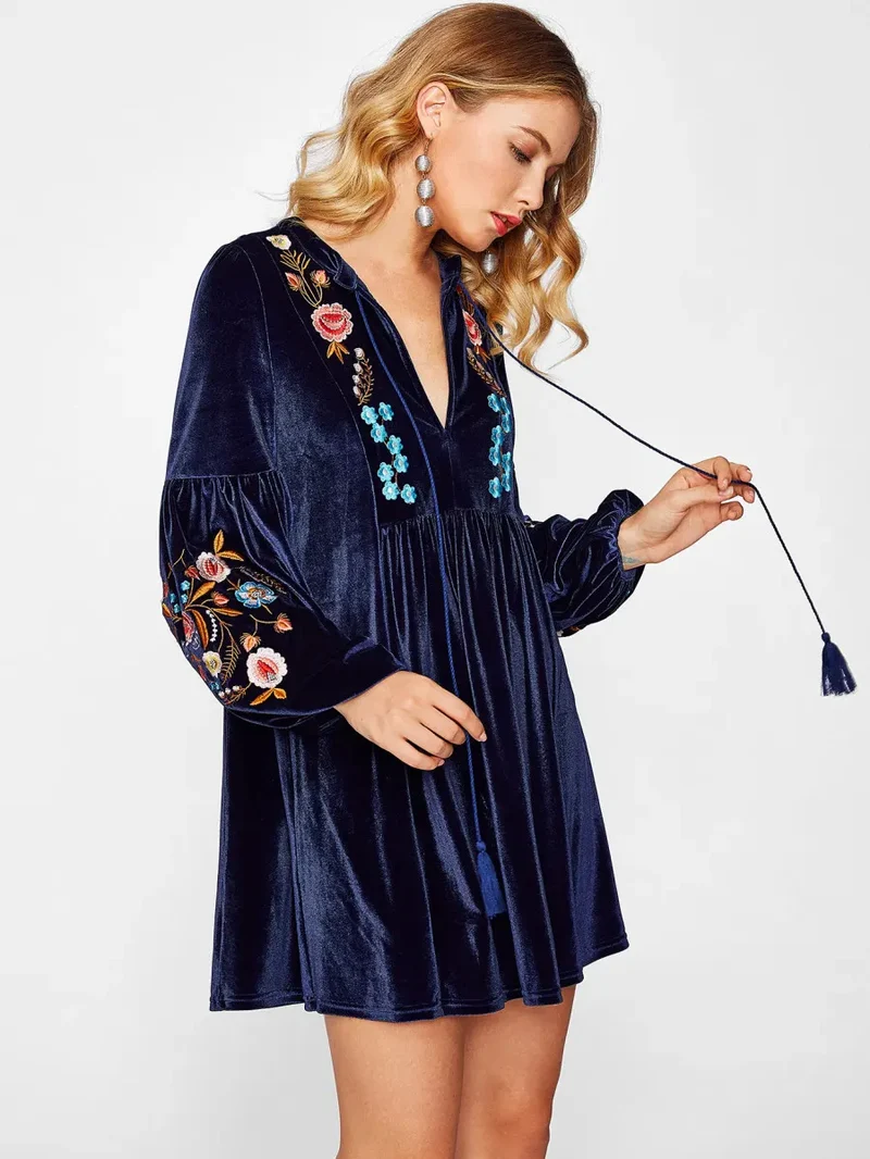 Embroidered Velvet Poof Sleeve Dress