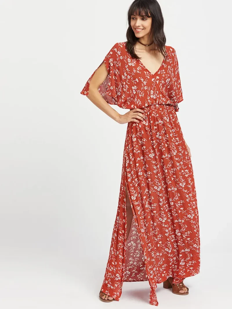 Split Tie-Waist Vintage Floral Maxi Dress