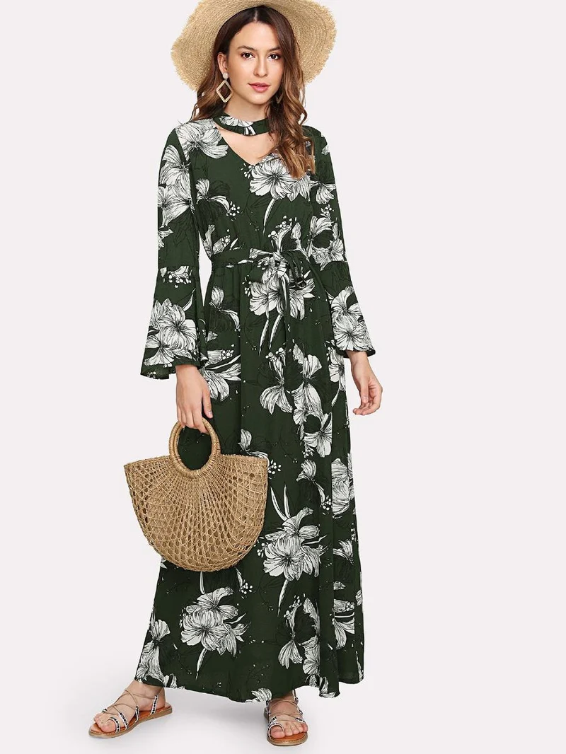 Cut Out Neck Florals Self Tie Dress
