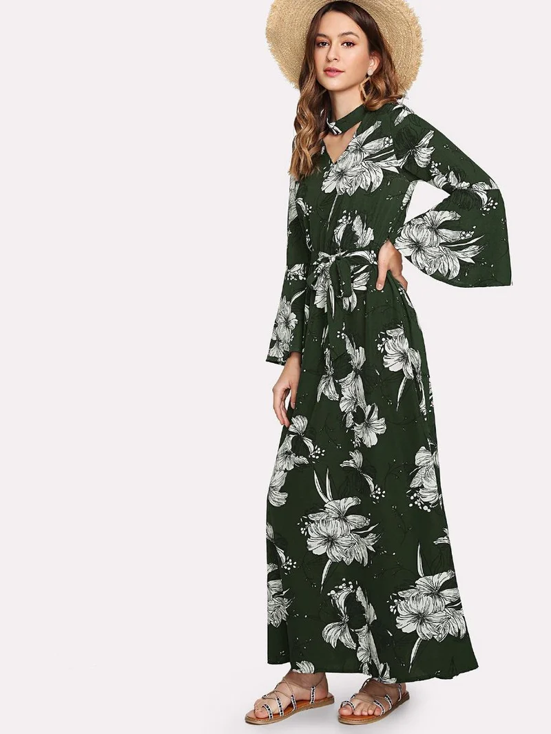 Cut Out Neck Florals Self Tie Dress