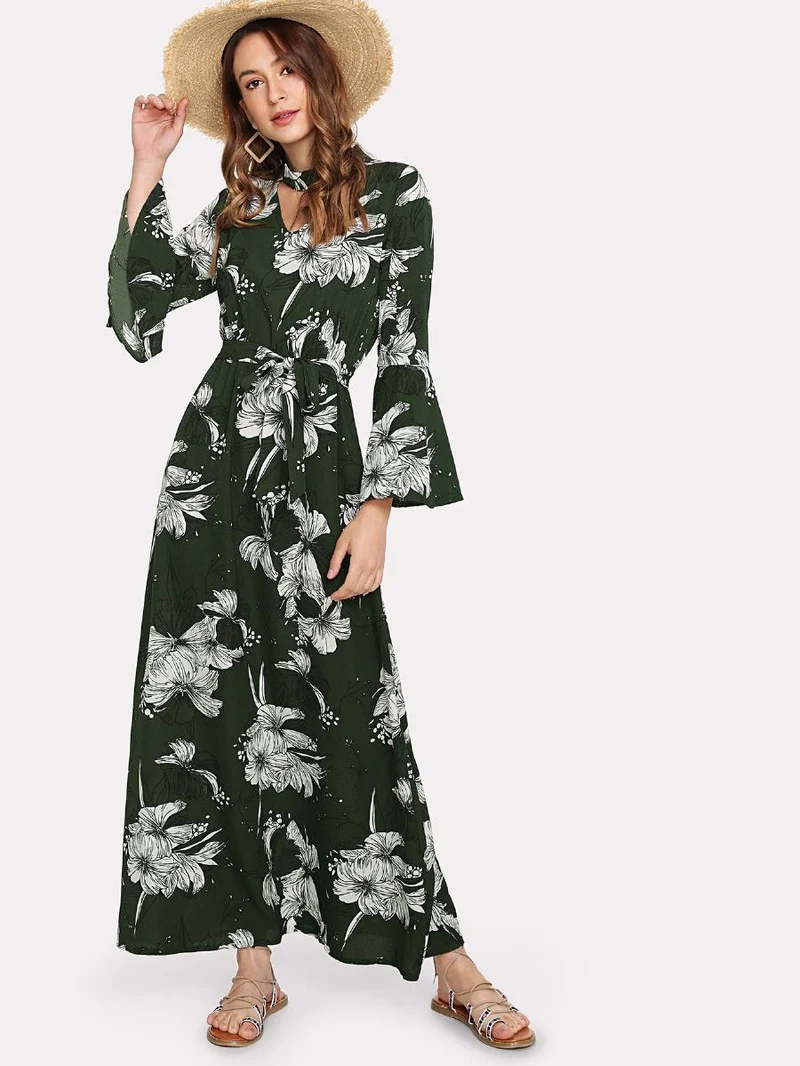 Cut Out Neck Florals Self Tie Dress
