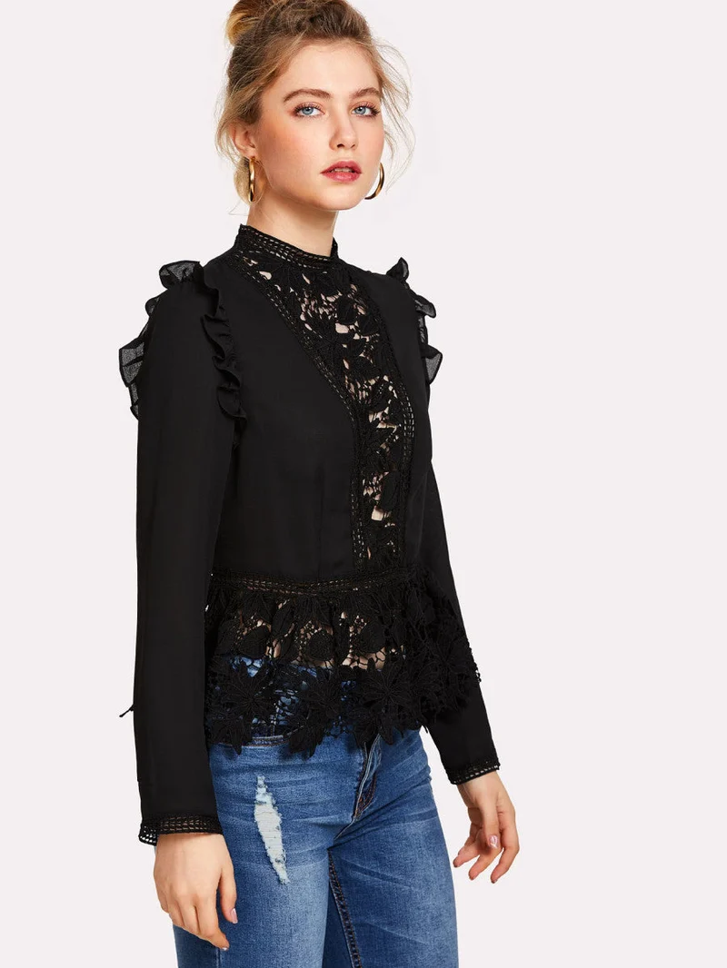 Frilled Shoulder Lace Insert Peplum Top