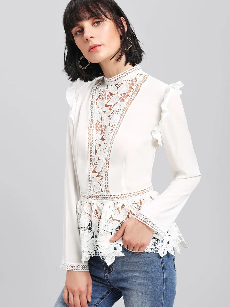 Frilled Shoulder Lace Insert Peplum Top