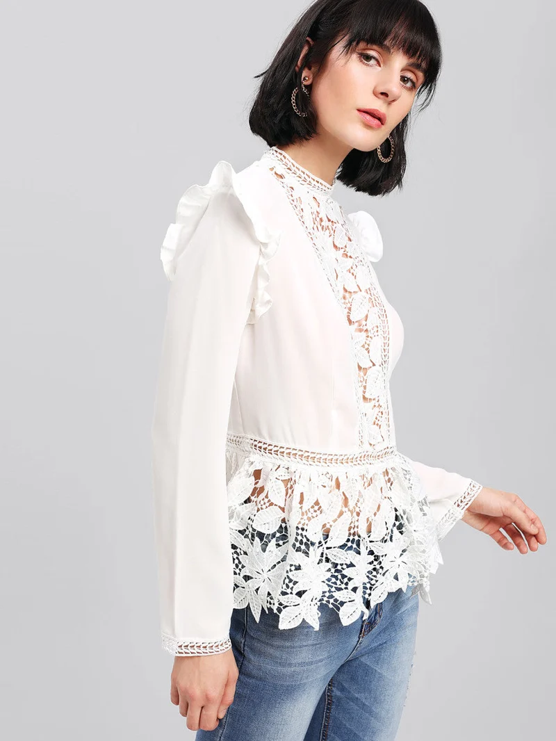 Frilled Shoulder Lace Insert Peplum Top