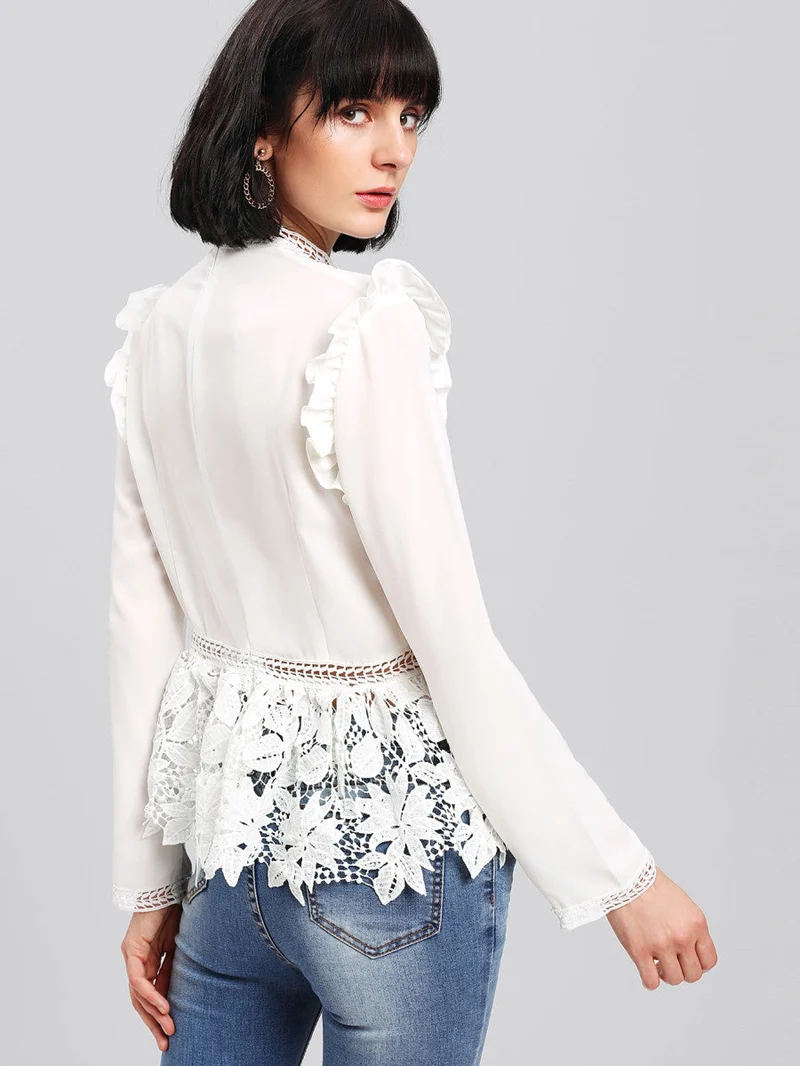 Frilled Shoulder Lace Insert Peplum Top