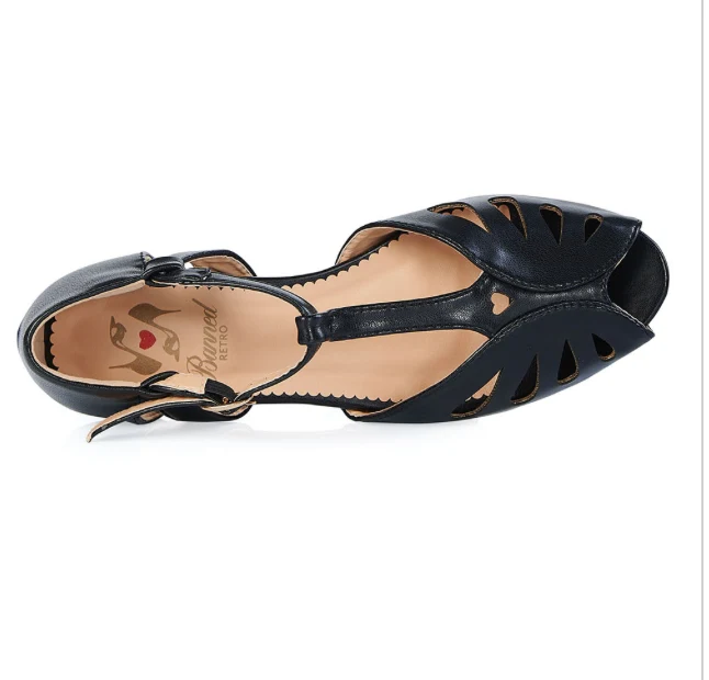 Retro Sandale Secret Love Flats, Schwarz