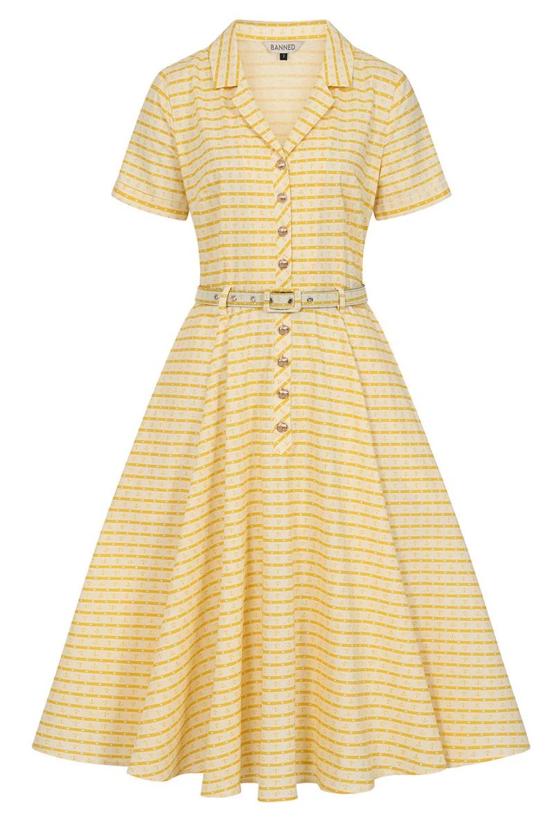 Swingkleid Bella Anchor Ahead 50's , Gelb-Ivory, Plus Size