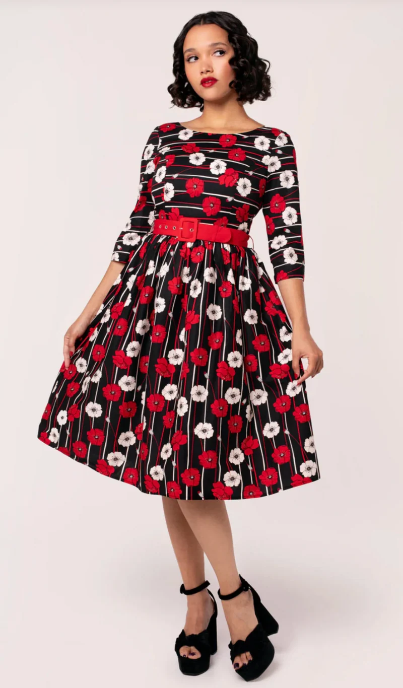 Swingkleid Poppy, Blumenmuster-Schwarz