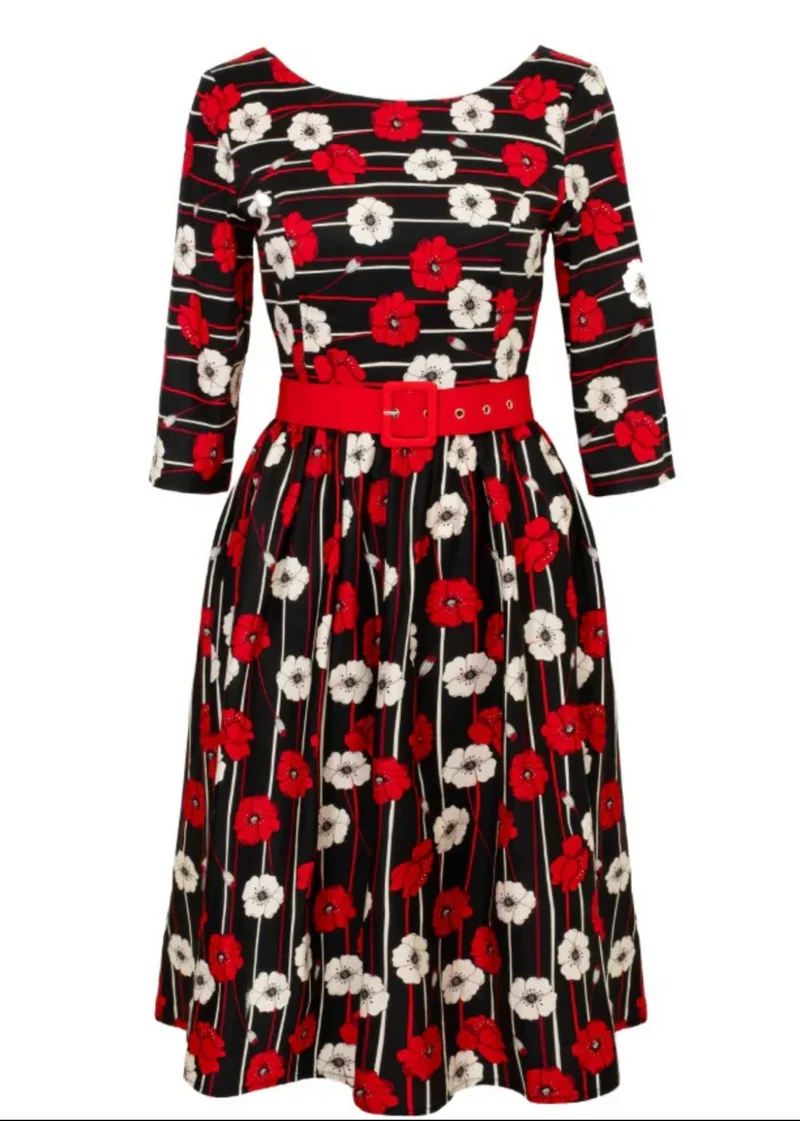 Swingkleid Poppy, Blumenmuster-Schwarz