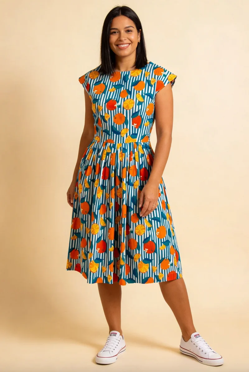 Swingkleid Gina mit Orangenmotiv-Gestreift, Plus Size