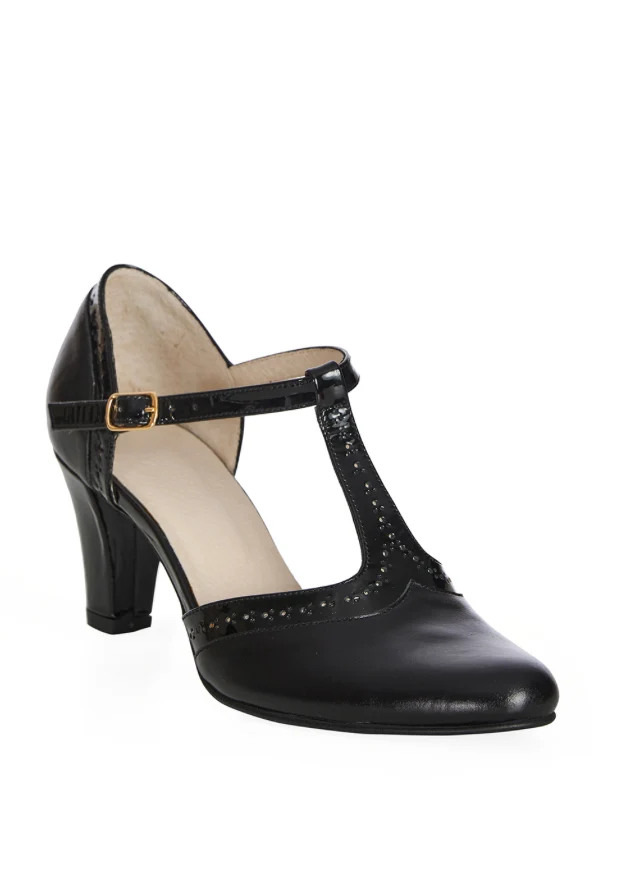 Vintage Riemchen Pumps Galore, Schwarz (Echtleder)