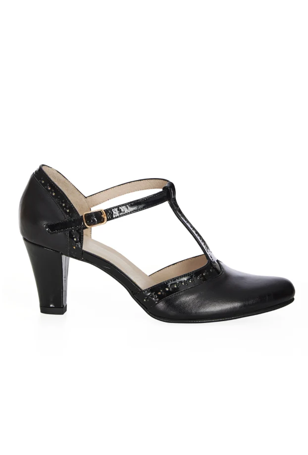 Vintage Riemchen Pumps Galore, Schwarz (Echtleder)