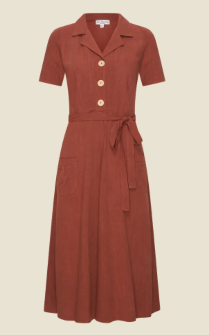 Kleid Revers Leinen-Midikleid, 40's in Terracotta