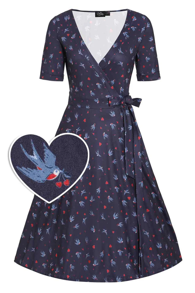Swingkleid Matilda Heart and Swallow, navy, Plus Size