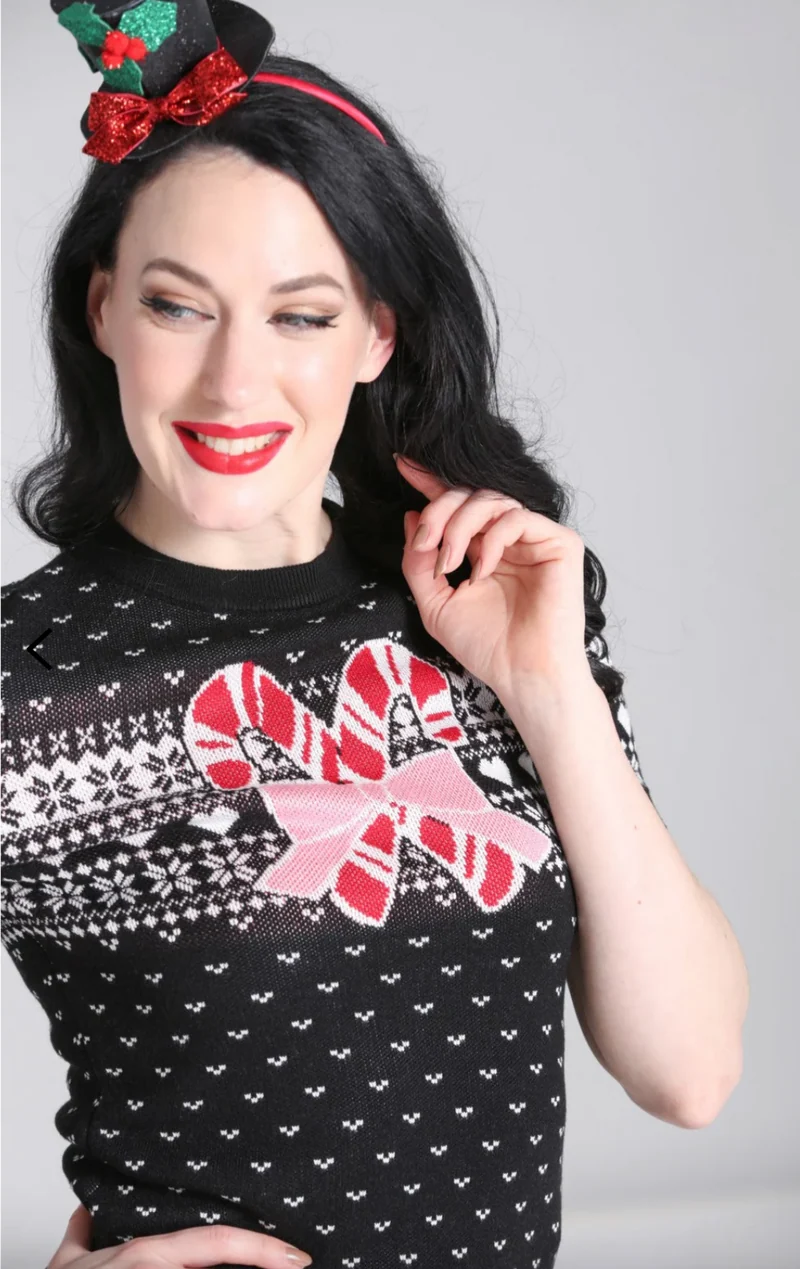 Retro Pullover Natalie mit Zuckerstangenmotiv, Schwarz