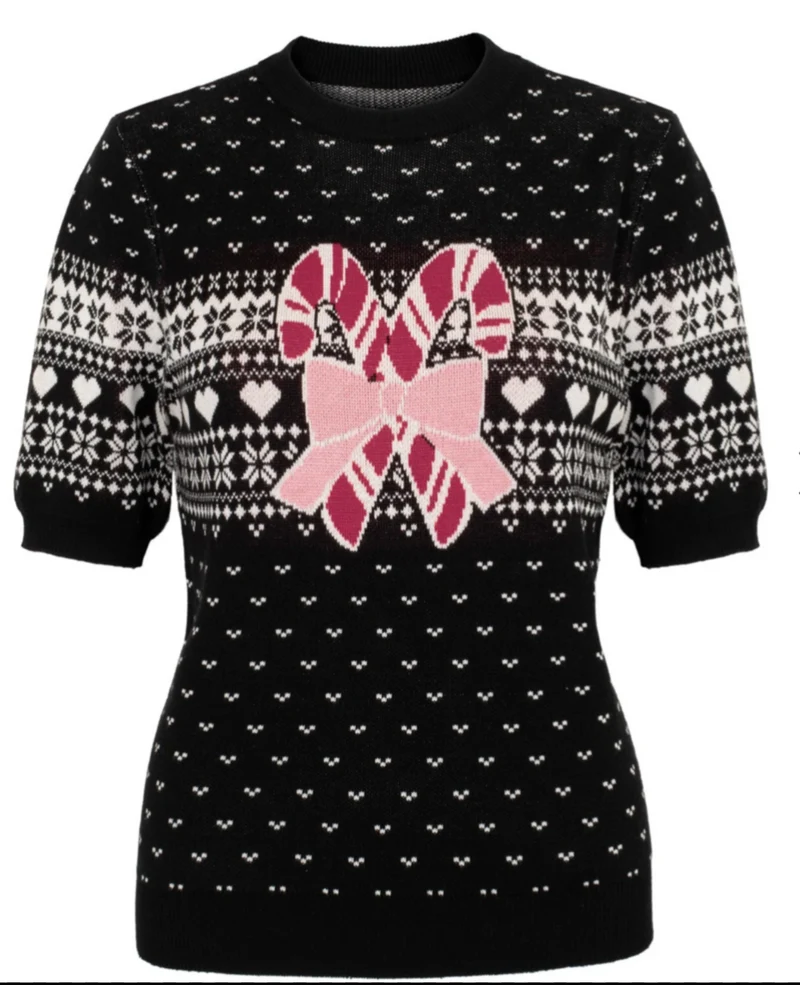 Retro Pullover Natalie mit Zuckerstangenmotiv, Schwarz