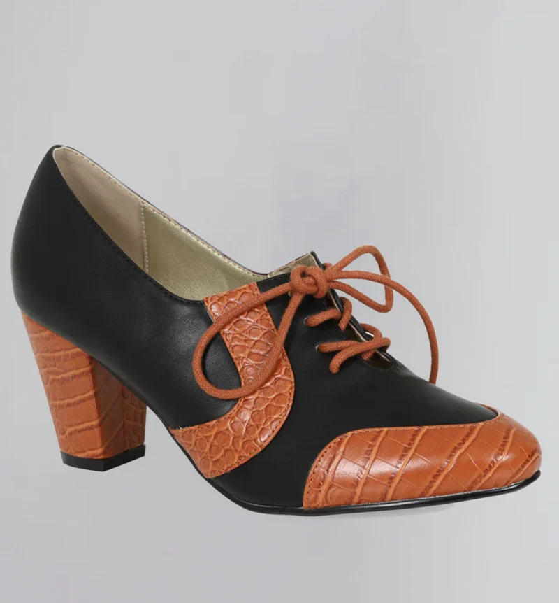 Vintage Schnürpumps Agnes 40's mit Krokodilprägung Schwarz-Cognac