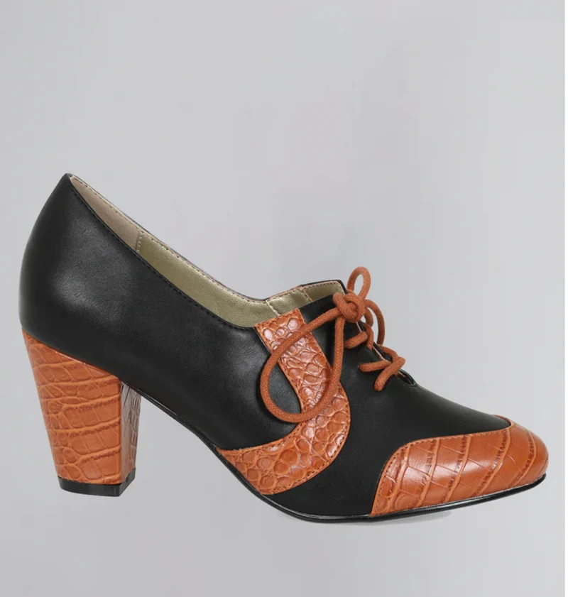 Vintage Schnürpumps Agnes 40's mit Krokodilprägung Schwarz-Cognac
