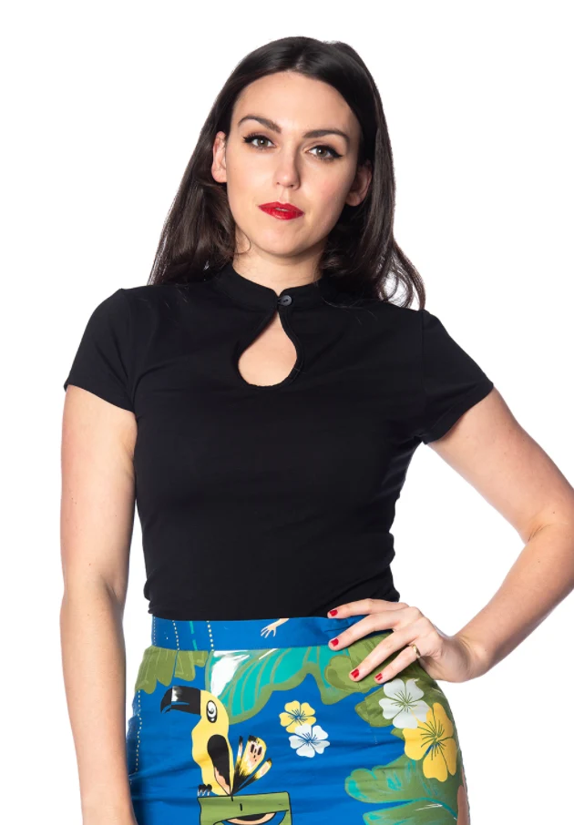 Top Mandarin Collar, Plus Size, Schwarz