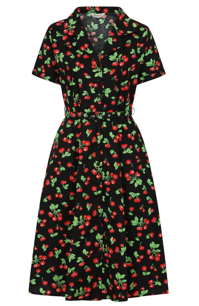 Hemdblusenkleid Darla Cherries 40's, Schwarz