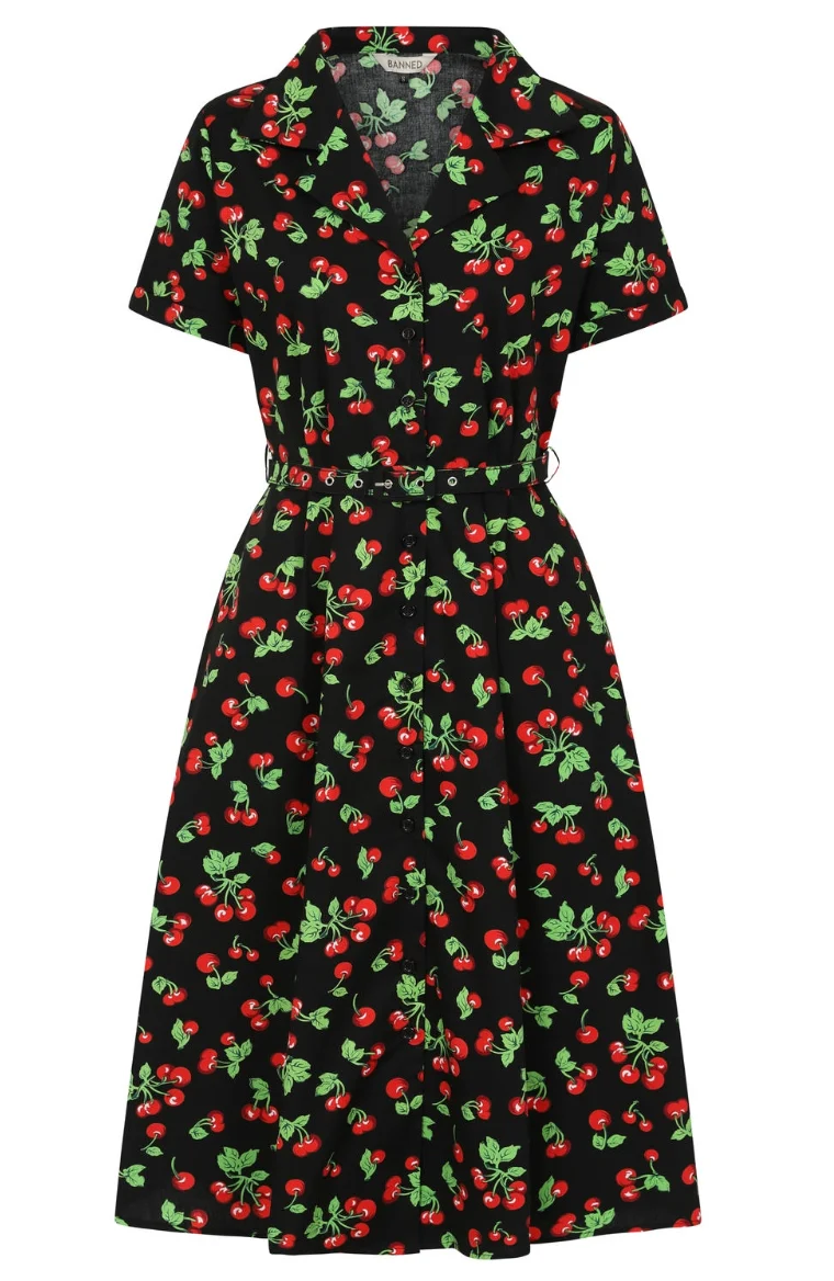 Hemdblusenkleid Darla Cherries 40's, Schwarz