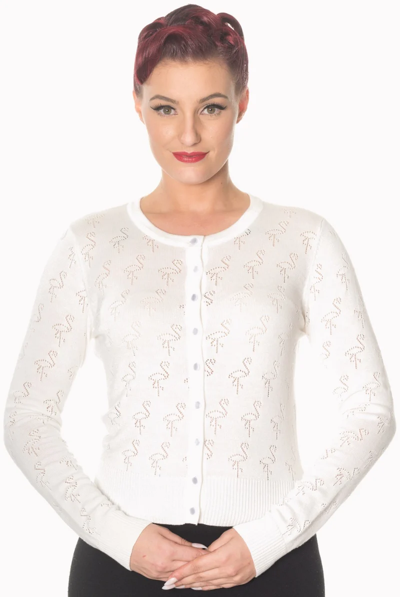 Cardigan Goddess mit Flamingo-Lochstickerei, Ivory