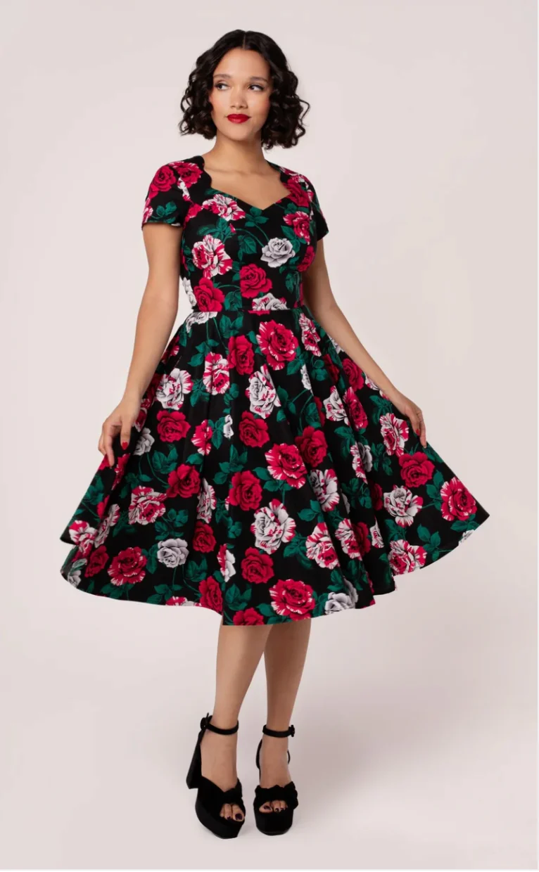 Swingkleid Paint me Roses 50's, Schwarz-Rot