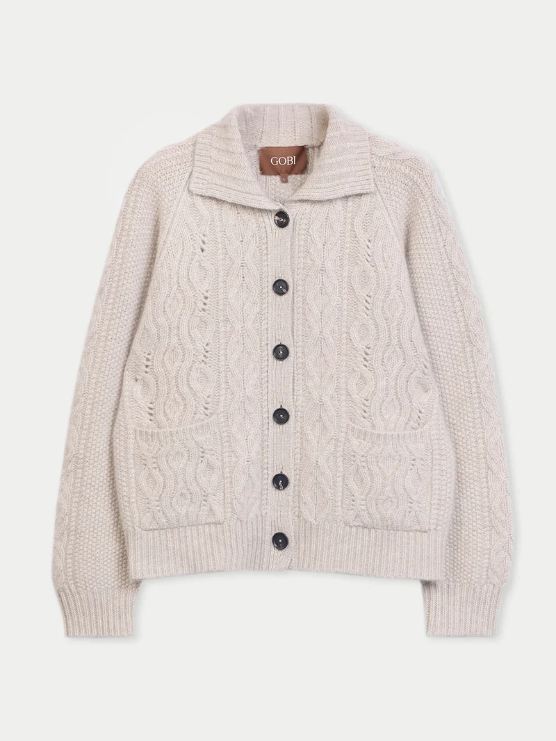 Kaschmir-Strickjacke mit Zopfmuster und Cutaway-Kragen