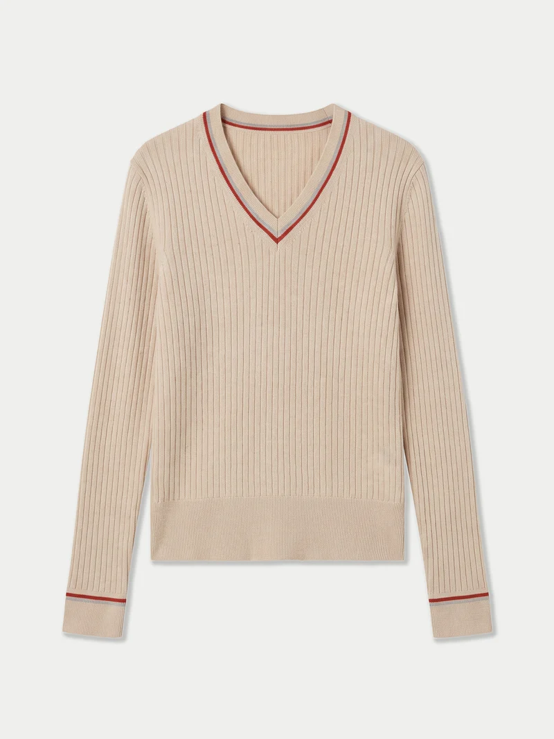 Kaschmir-Seiden-Cricket-Pullover mit V-Ausschnitt