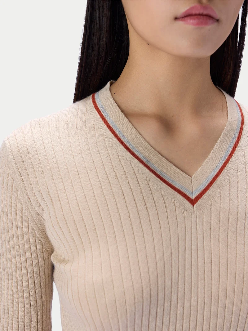 Kaschmir-Seiden-Cricket-Pullover mit V-Ausschnitt