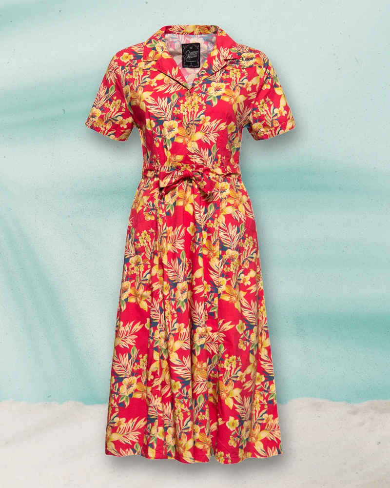 Hemdblusenkleid Hawaii mit Tropischen Blumenmuster, Rot