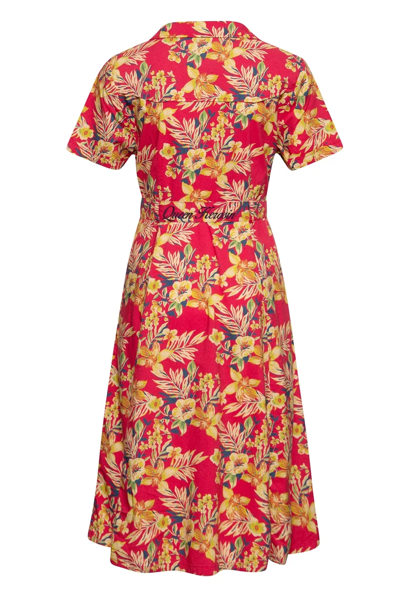 Hemdblusenkleid Hawaii mit Tropischen Blumenmuster, Rot