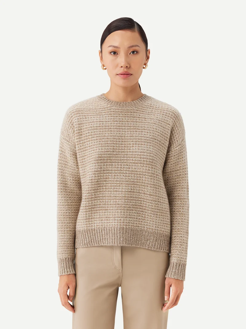 Tweedmuster Kaschmirpullover mit Rundhalsausschnitt