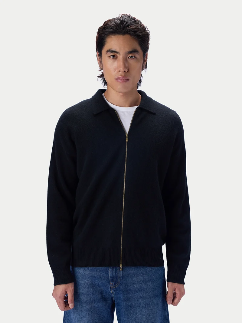 Kaschmir-Strickjacke mit spitzem Kragen und Reißverschluss