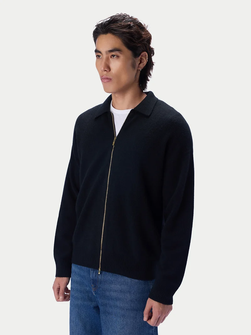 Kaschmir-Strickjacke mit spitzem Kragen und Reißverschluss