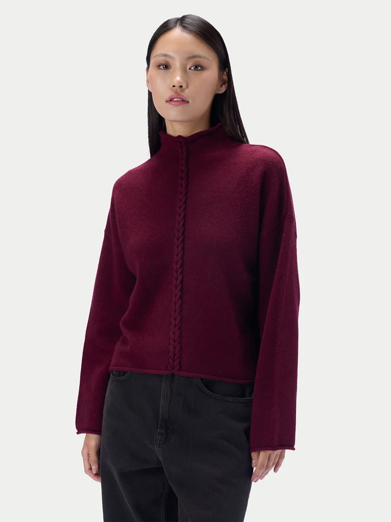 Kaschmirpullover mit Zopfgeflecht und Stehkragen