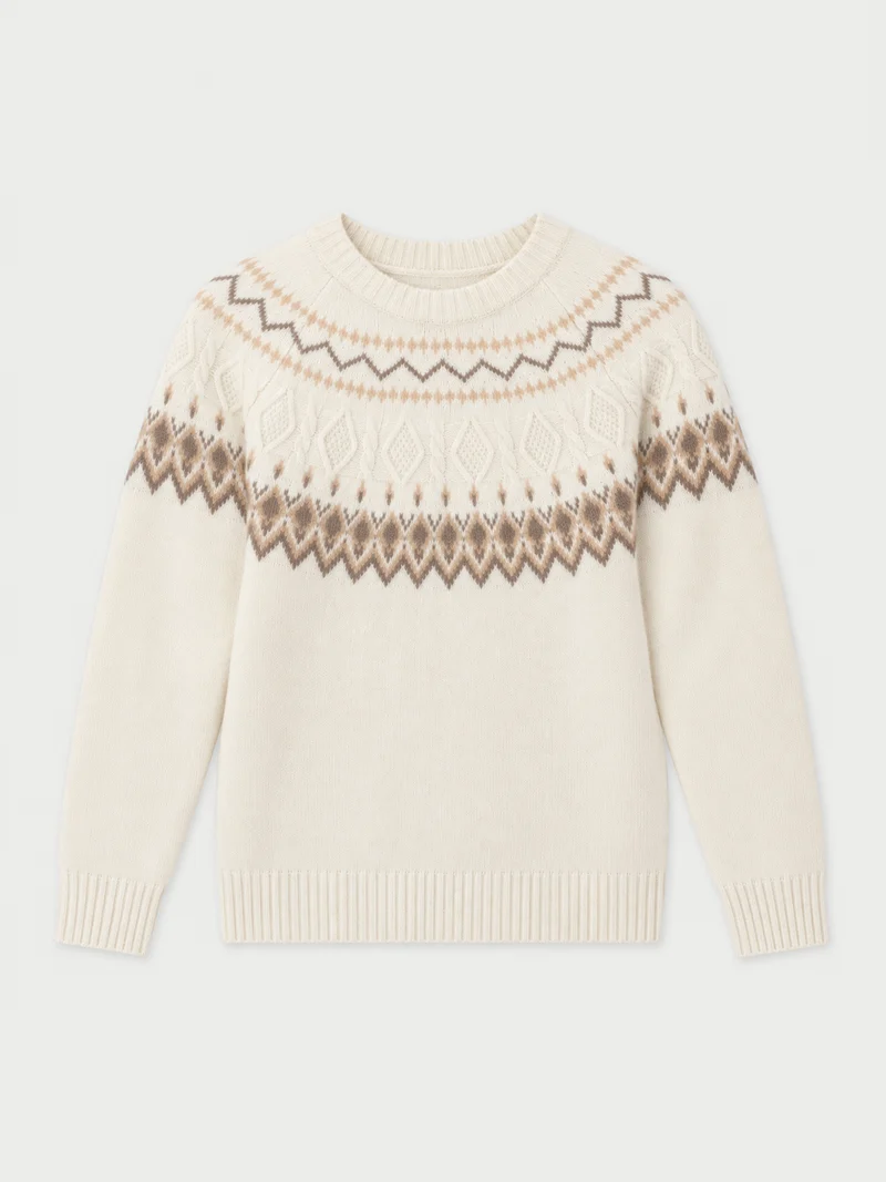 Kaschmirpullover mit nordischem Jacquardmuster und Rundhalsausschnitt