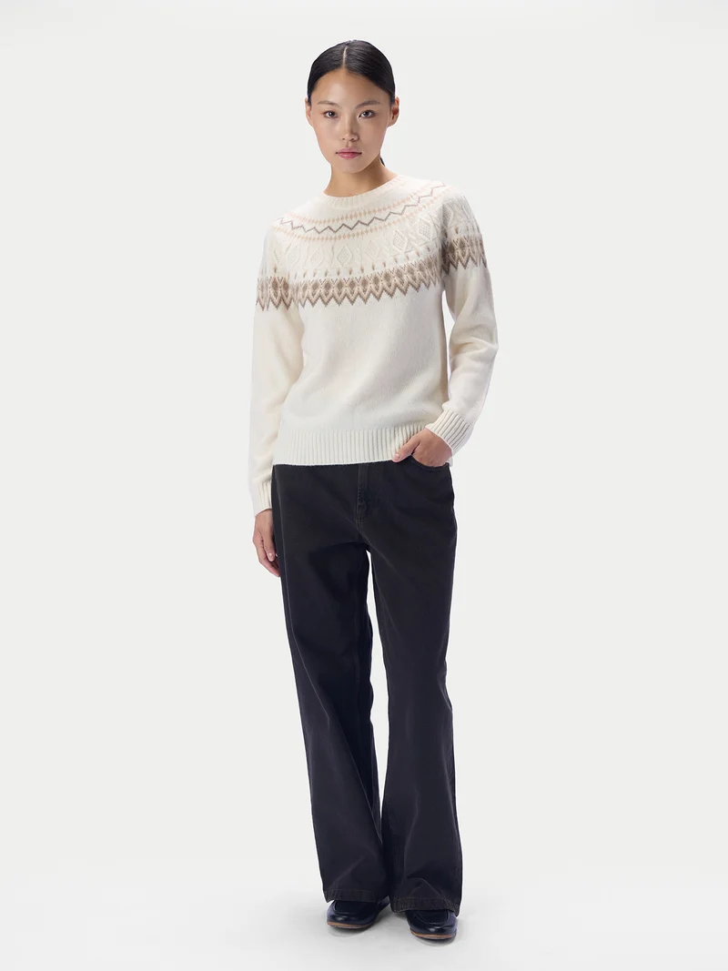 Kaschmirpullover mit nordischem Jacquardmuster und Rundhalsausschnitt