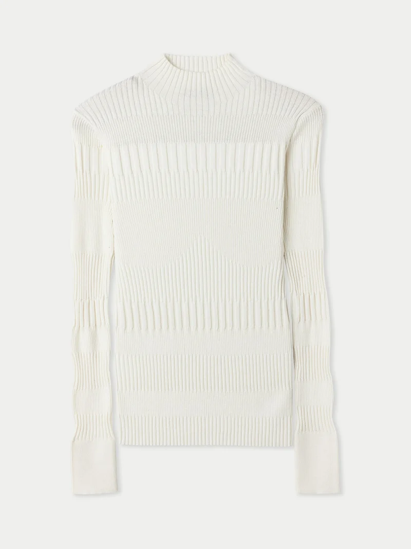 Hochgeschlossener Rippenpullover aus Baumwoll-Seiden-Kaschmir-Mischung