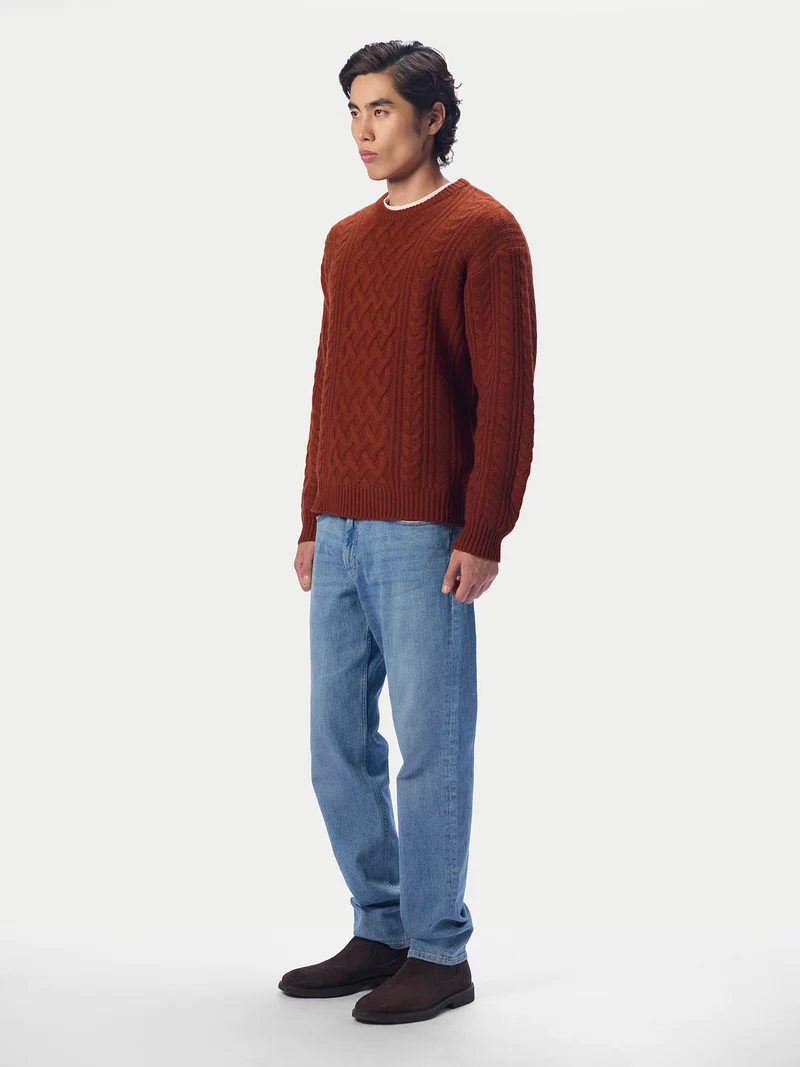 Kaschmirpullover mit Aran-Zopfmuster, Rundhals