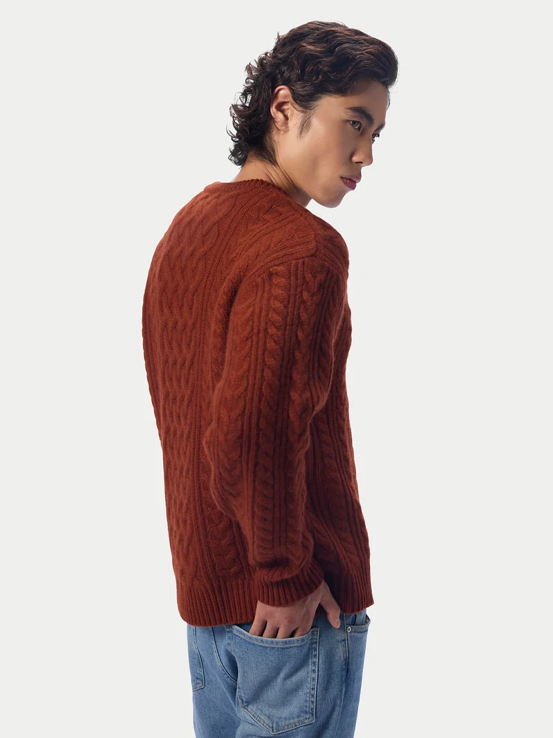 Kaschmirpullover mit Aran-Zopfmuster, Rundhals