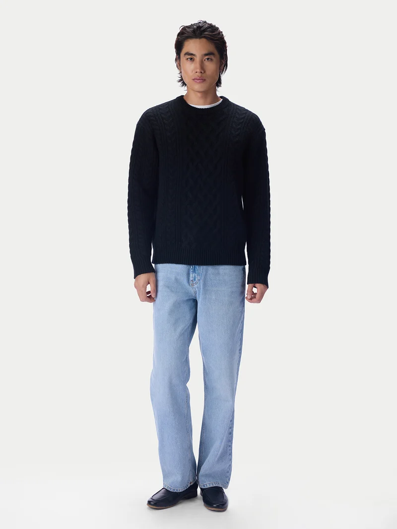 Kaschmirpullover mit Aran-Zopfmuster, Rundhals