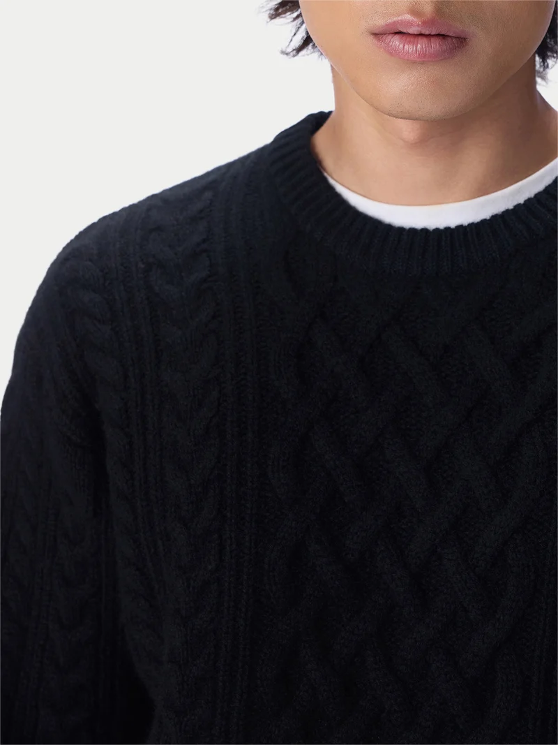 Kaschmirpullover mit Aran-Zopfmuster, Rundhals