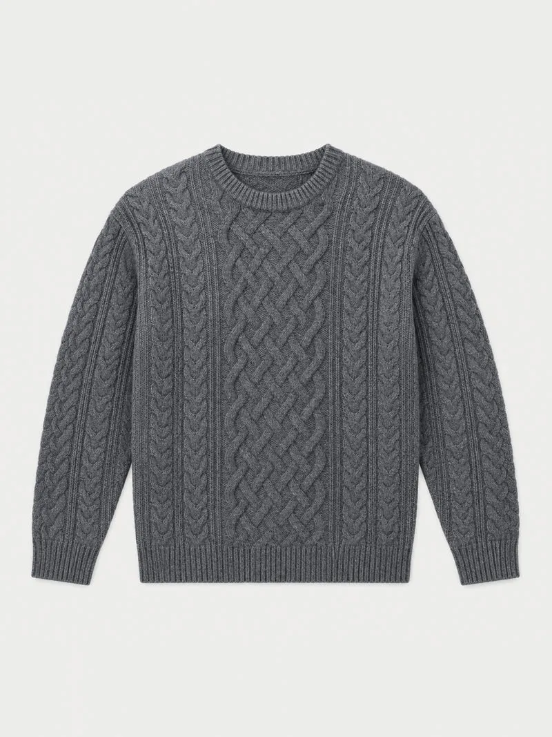 Kaschmirpullover mit Aran-Zopfmuster, Rundhals