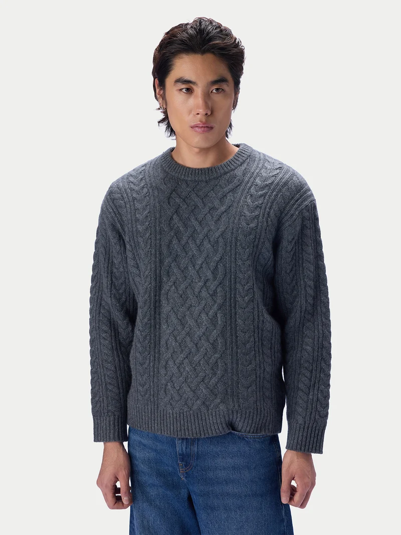 Kaschmirpullover mit Aran-Zopfmuster, Rundhals